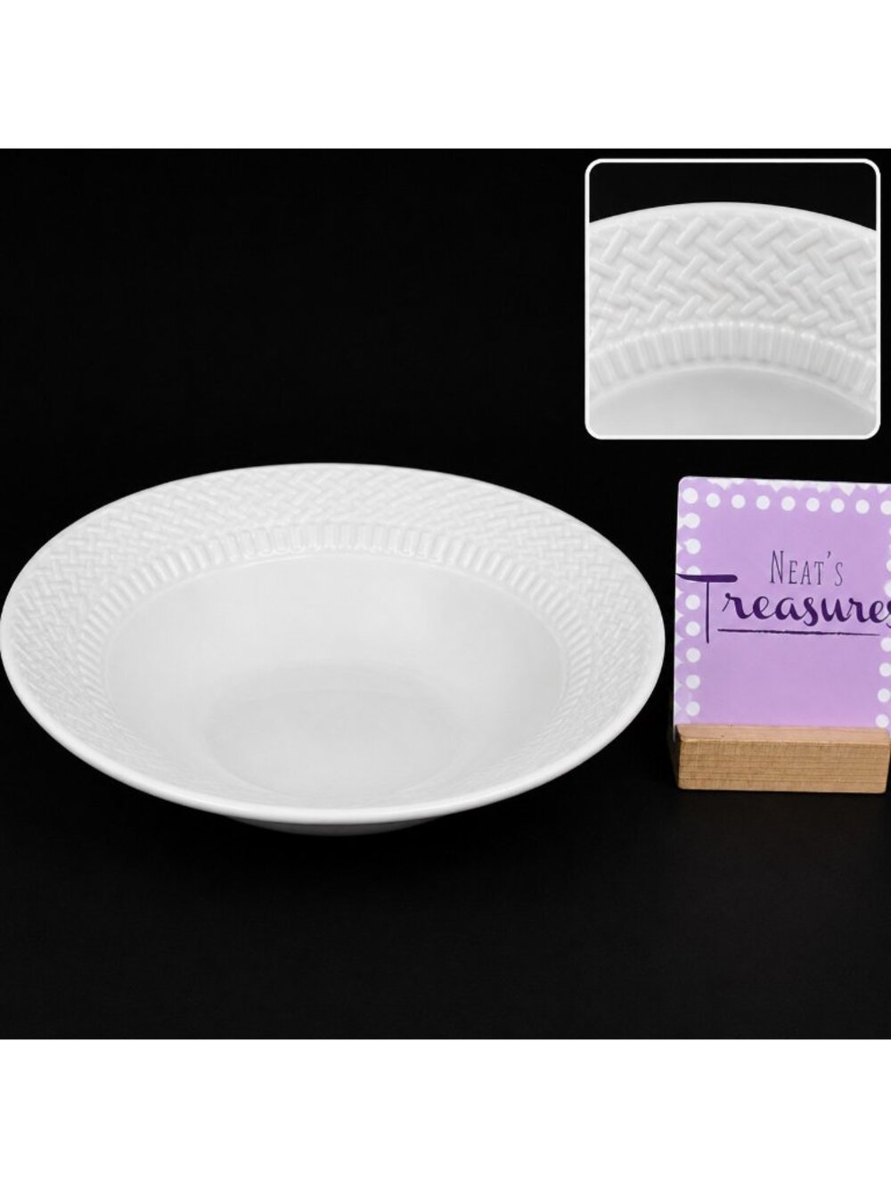 Livingquarters LIQ10 White Embossed Basketweave Lines 9" Round Serving Bowl